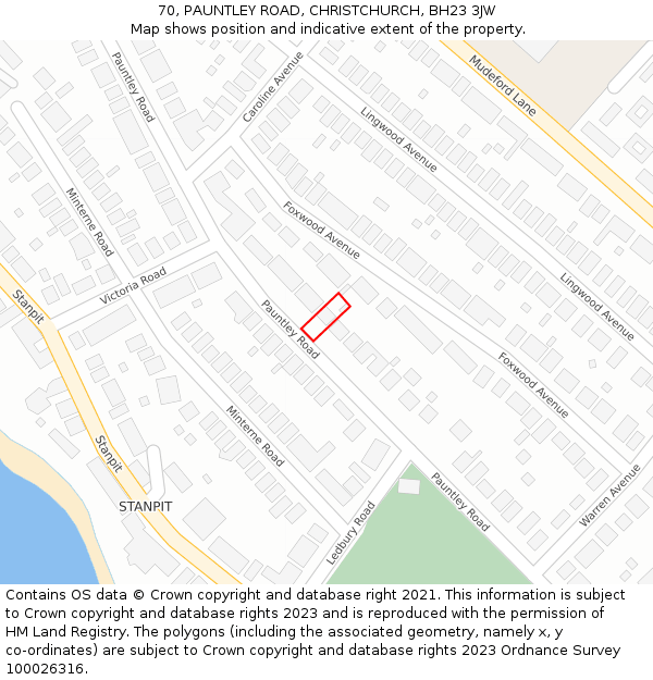 70, PAUNTLEY ROAD, CHRISTCHURCH, BH23 3JW: Location map and indicative extent of plot