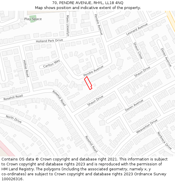 70, PENDRE AVENUE, RHYL, LL18 4NQ: Location map and indicative extent of plot