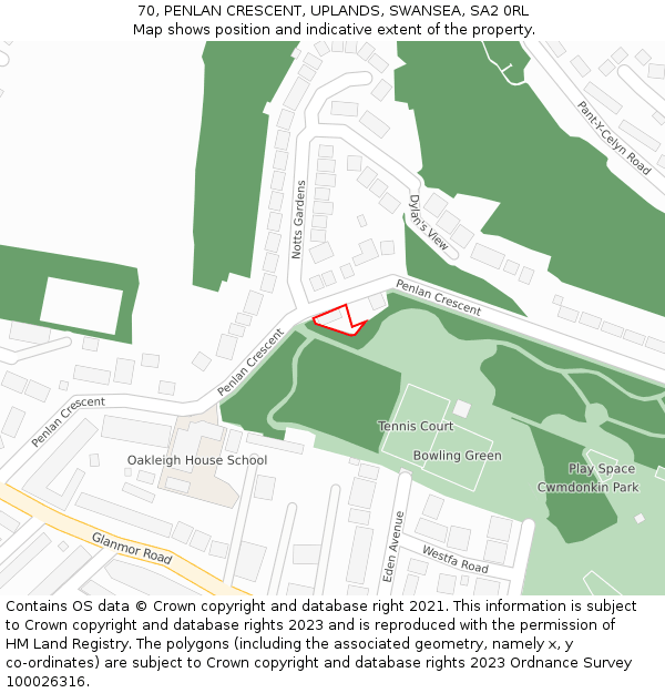 70, PENLAN CRESCENT, UPLANDS, SWANSEA, SA2 0RL: Location map and indicative extent of plot