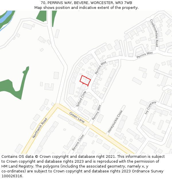 70, PERRINS WAY, BEVERE, WORCESTER, WR3 7WB: Location map and indicative extent of plot