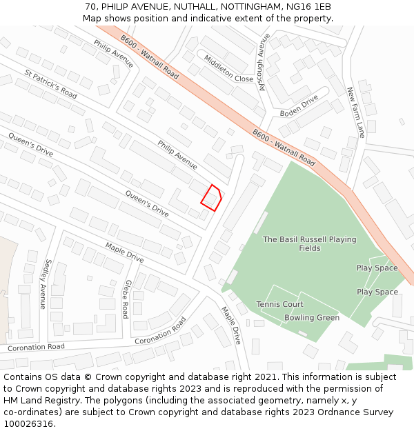70, PHILIP AVENUE, NUTHALL, NOTTINGHAM, NG16 1EB: Location map and indicative extent of plot