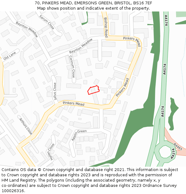 70, PINKERS MEAD, EMERSONS GREEN, BRISTOL, BS16 7EF: Location map and indicative extent of plot