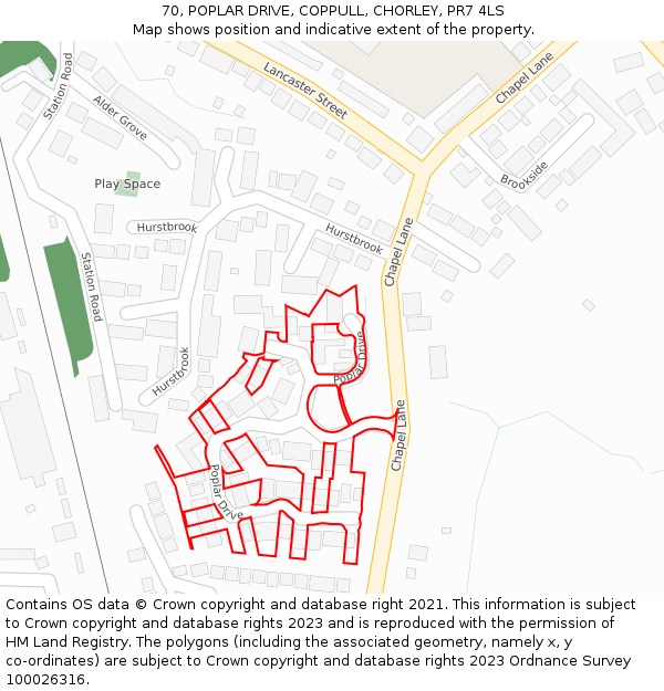 70, POPLAR DRIVE, COPPULL, CHORLEY, PR7 4LS: Location map and indicative extent of plot