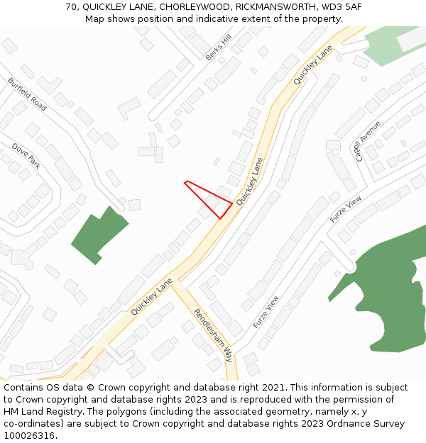 70, QUICKLEY LANE, CHORLEYWOOD, RICKMANSWORTH, WD3 5AF: Location map and indicative extent of plot