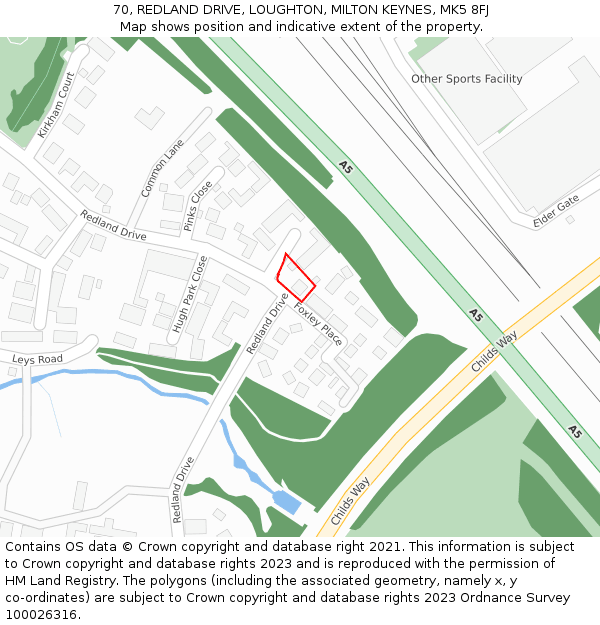 70, REDLAND DRIVE, LOUGHTON, MILTON KEYNES, MK5 8FJ: Location map and indicative extent of plot