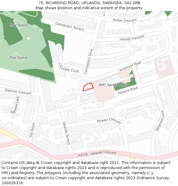 70, RICHMOND ROAD, UPLANDS, SWANSEA, SA2 0RB: Location map and indicative extent of plot