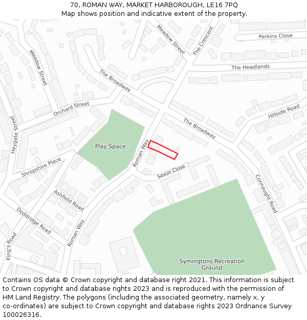 70, ROMAN WAY, MARKET HARBOROUGH, LE16 7PQ: Location map and indicative extent of plot