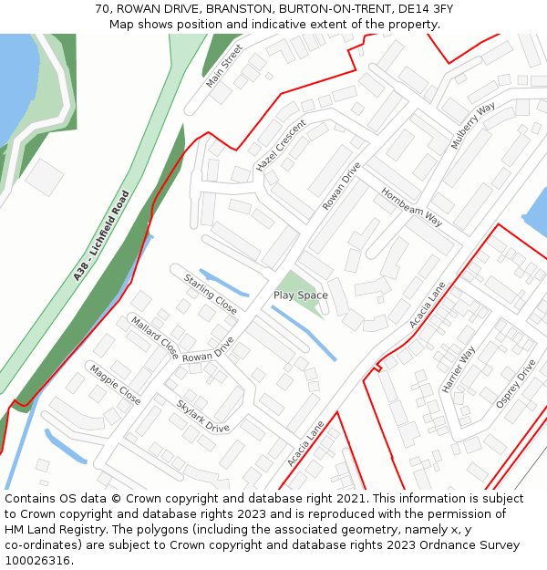 70, ROWAN DRIVE, BRANSTON, BURTON-ON-TRENT, DE14 3FY: Location map and indicative extent of plot