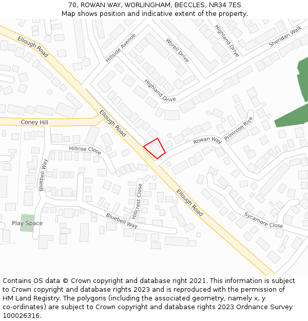 70, ROWAN WAY, WORLINGHAM, BECCLES, NR34 7ES: Location map and indicative extent of plot