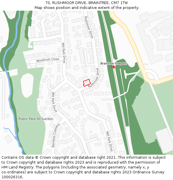 70, RUSHMOOR DRIVE, BRAINTREE, CM7 1TW: Location map and indicative extent of plot
