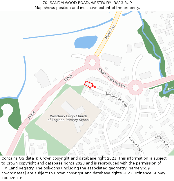 70, SANDALWOOD ROAD, WESTBURY, BA13 3UP: Location map and indicative extent of plot