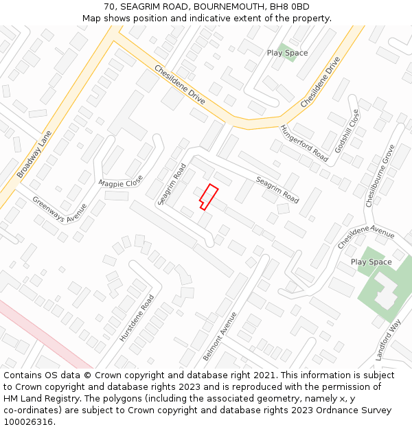 70, SEAGRIM ROAD, BOURNEMOUTH, BH8 0BD: Location map and indicative extent of plot