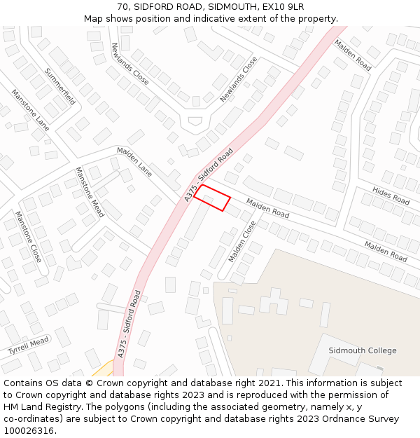 70, SIDFORD ROAD, SIDMOUTH, EX10 9LR: Location map and indicative extent of plot