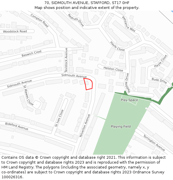 70, SIDMOUTH AVENUE, STAFFORD, ST17 0HF: Location map and indicative extent of plot
