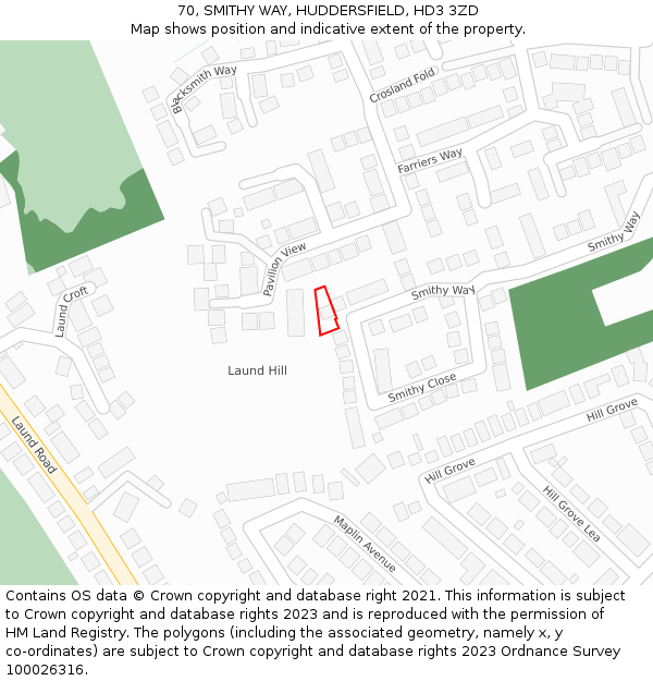 70, SMITHY WAY, HUDDERSFIELD, HD3 3ZD: Location map and indicative extent of plot