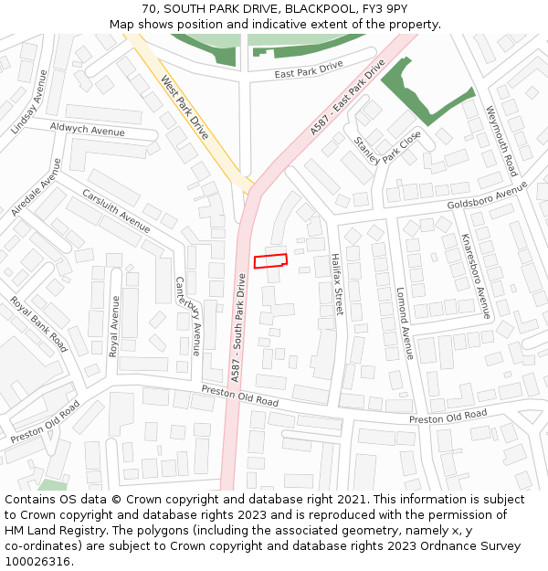 70, SOUTH PARK DRIVE, BLACKPOOL, FY3 9PY: Location map and indicative extent of plot