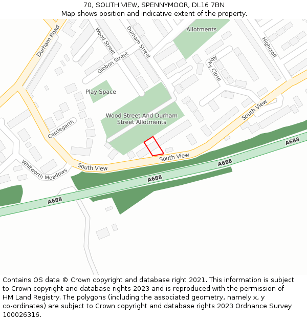 70, SOUTH VIEW, SPENNYMOOR, DL16 7BN: Location map and indicative extent of plot