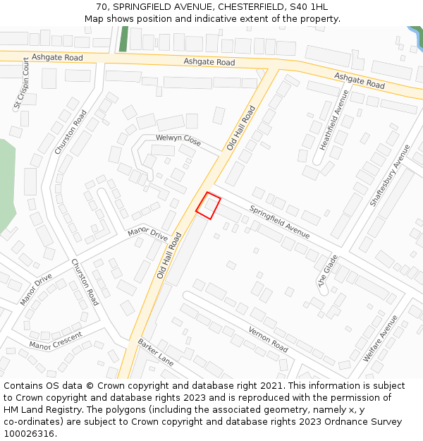 70, SPRINGFIELD AVENUE, CHESTERFIELD, S40 1HL: Location map and indicative extent of plot