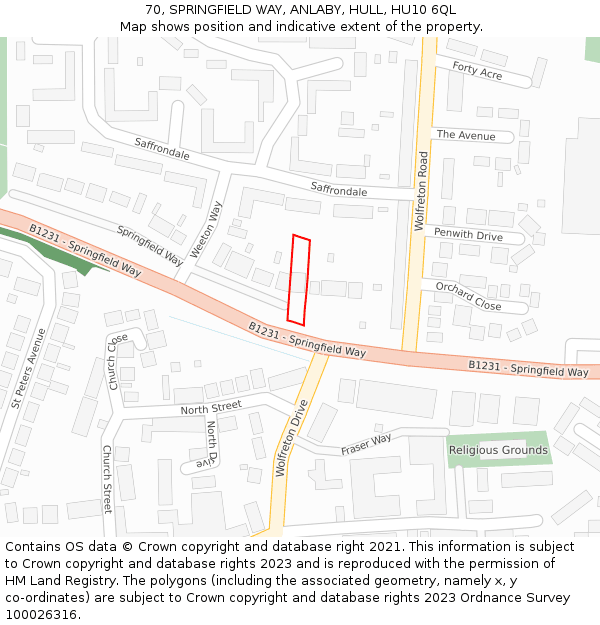 70, SPRINGFIELD WAY, ANLABY, HULL, HU10 6QL: Location map and indicative extent of plot