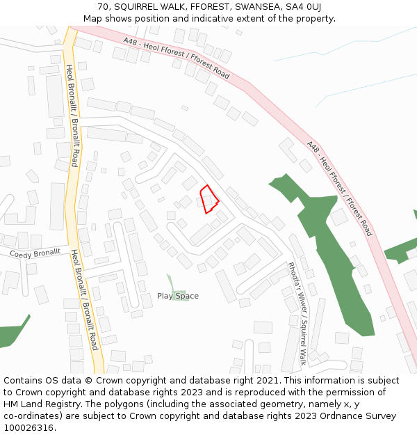 70, SQUIRREL WALK, FFOREST, SWANSEA, SA4 0UJ: Location map and indicative extent of plot