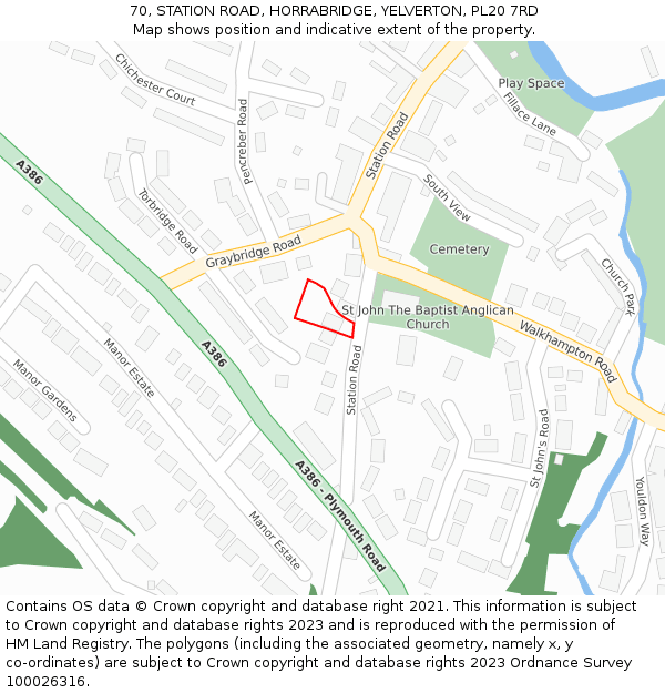 70, STATION ROAD, HORRABRIDGE, YELVERTON, PL20 7RD: Location map and indicative extent of plot