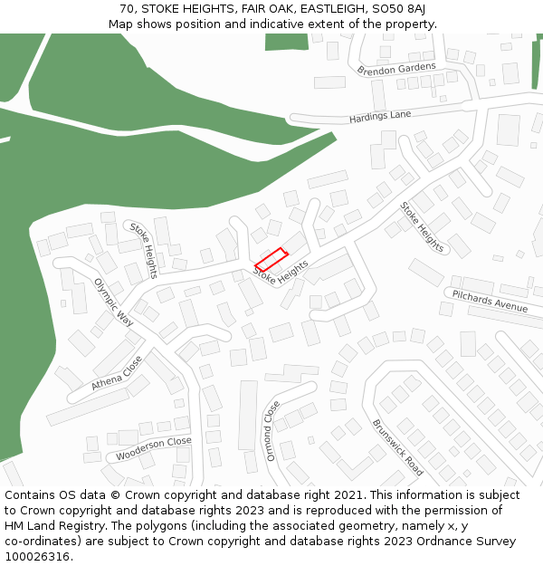 70, STOKE HEIGHTS, FAIR OAK, EASTLEIGH, SO50 8AJ: Location map and indicative extent of plot