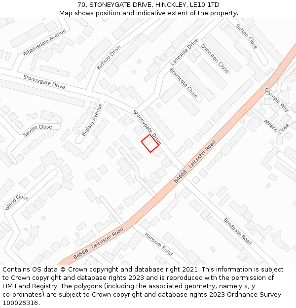 70, STONEYGATE DRIVE, HINCKLEY, LE10 1TD: Location map and indicative extent of plot