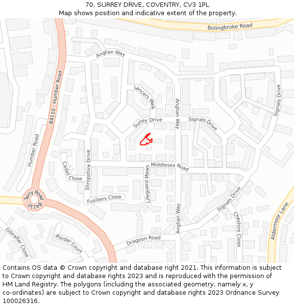 70, SURREY DRIVE, COVENTRY, CV3 1PL: Location map and indicative extent of plot