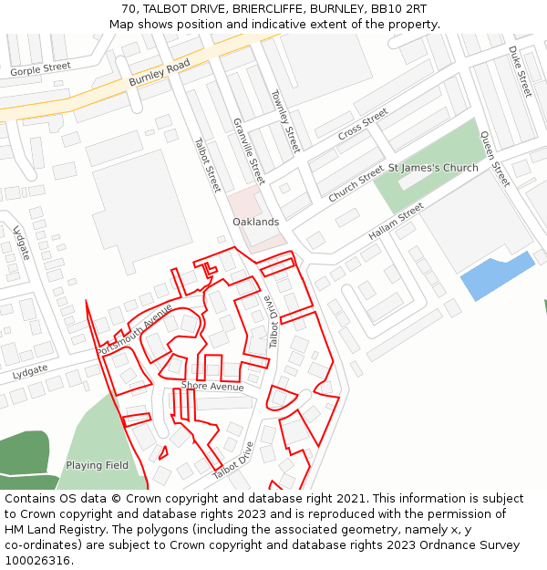 70, TALBOT DRIVE, BRIERCLIFFE, BURNLEY, BB10 2RT: Location map and indicative extent of plot