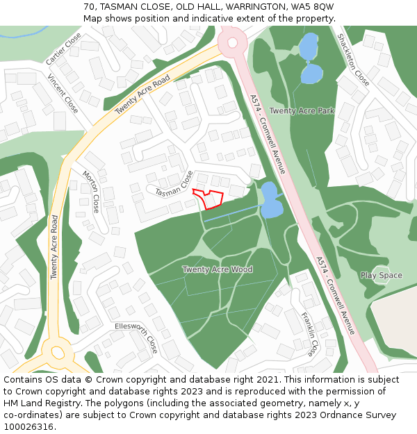 70, TASMAN CLOSE, OLD HALL, WARRINGTON, WA5 8QW: Location map and indicative extent of plot