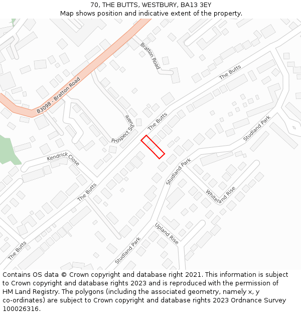 70, THE BUTTS, WESTBURY, BA13 3EY: Location map and indicative extent of plot