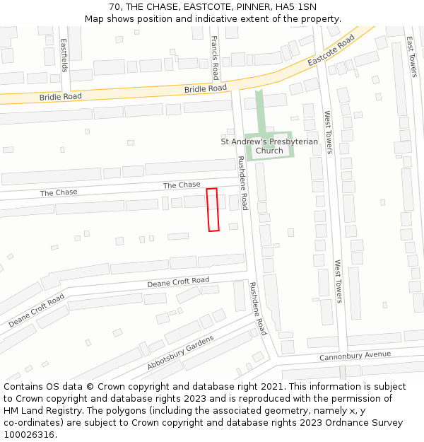 70, THE CHASE, EASTCOTE, PINNER, HA5 1SN: Location map and indicative extent of plot