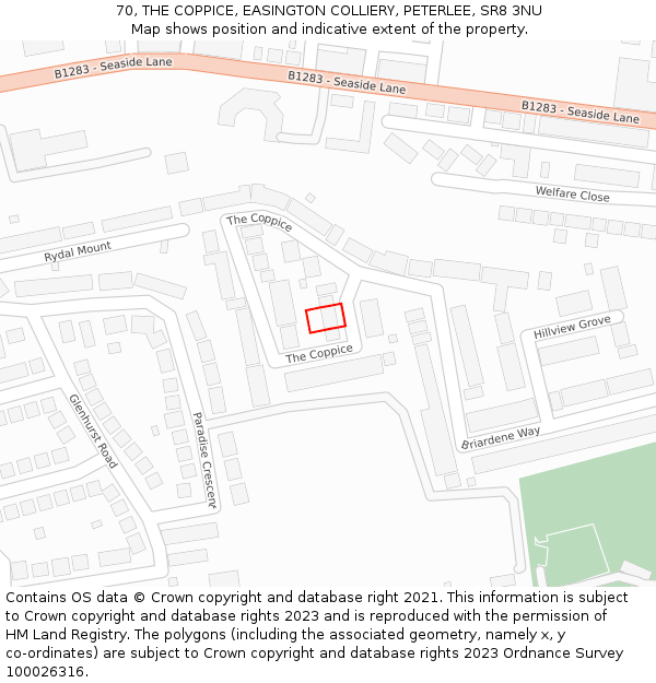 70, THE COPPICE, EASINGTON COLLIERY, PETERLEE, SR8 3NU: Location map and indicative extent of plot