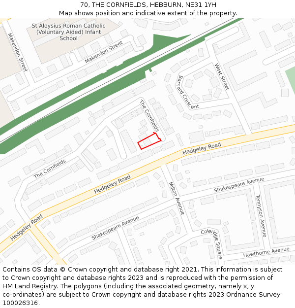 70, THE CORNFIELDS, HEBBURN, NE31 1YH: Location map and indicative extent of plot