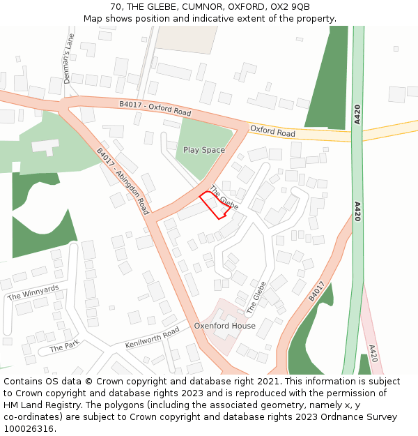 70, THE GLEBE, CUMNOR, OXFORD, OX2 9QB: Location map and indicative extent of plot