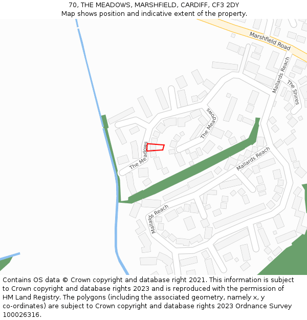 70, THE MEADOWS, MARSHFIELD, CARDIFF, CF3 2DY: Location map and indicative extent of plot