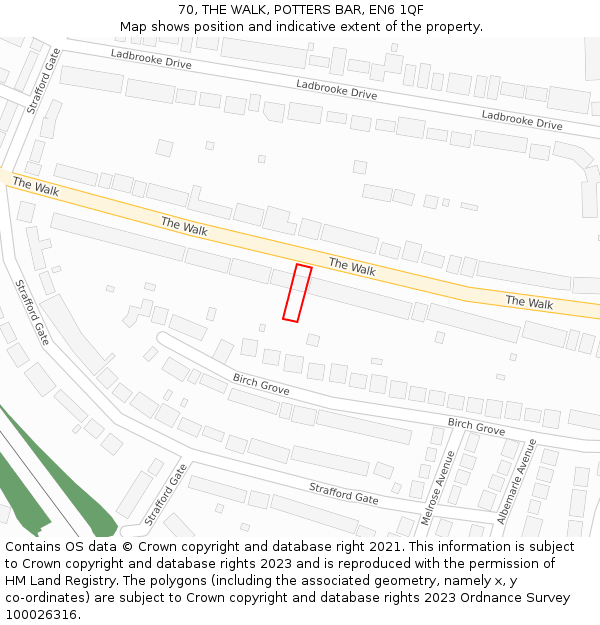 70, THE WALK, POTTERS BAR, EN6 1QF: Location map and indicative extent of plot