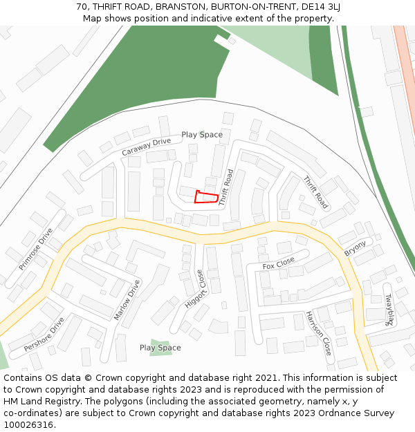 70, THRIFT ROAD, BRANSTON, BURTON-ON-TRENT, DE14 3LJ: Location map and indicative extent of plot