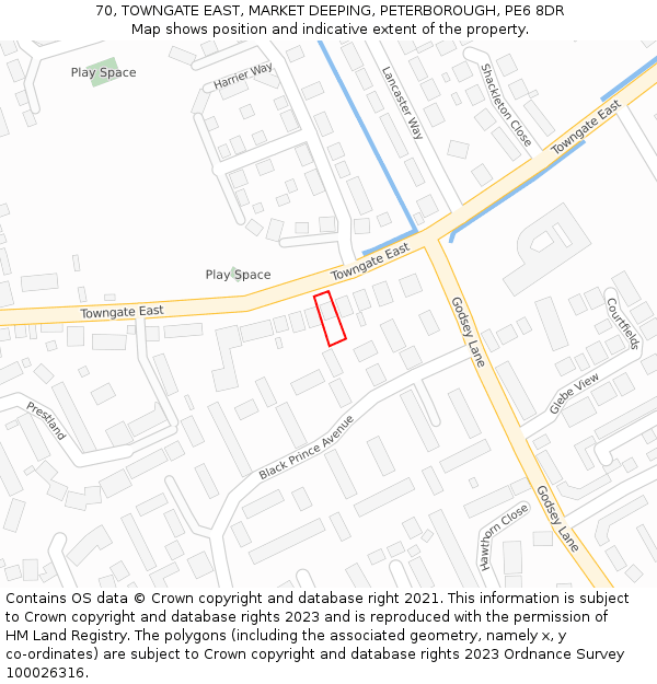 70, TOWNGATE EAST, MARKET DEEPING, PETERBOROUGH, PE6 8DR: Location map and indicative extent of plot