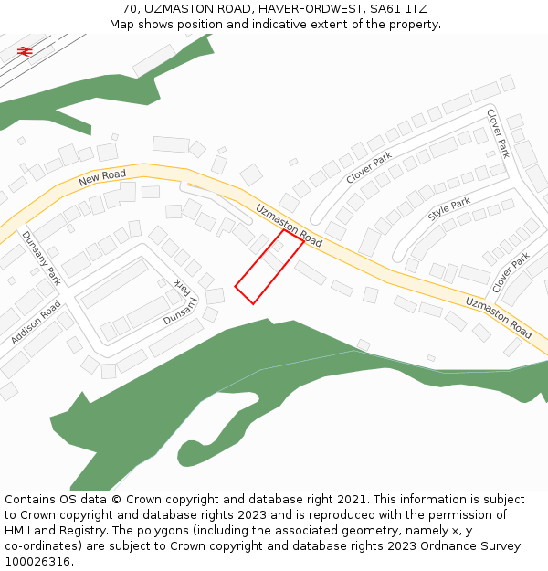 70, UZMASTON ROAD, HAVERFORDWEST, SA61 1TZ: Location map and indicative extent of plot