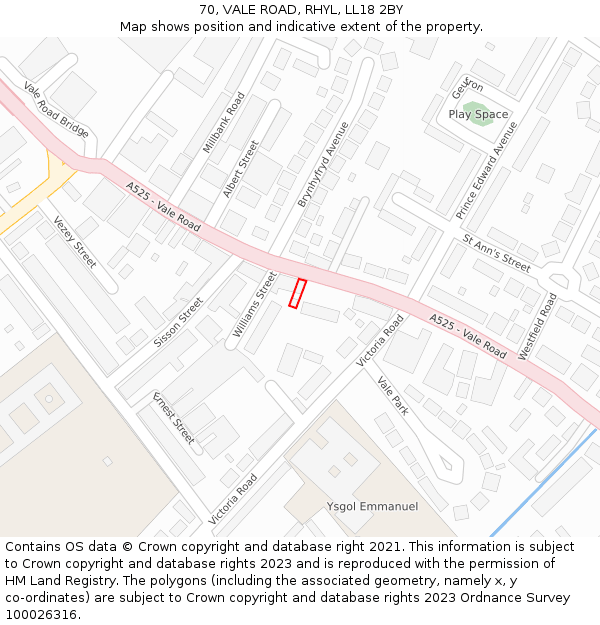 70, VALE ROAD, RHYL, LL18 2BY: Location map and indicative extent of plot