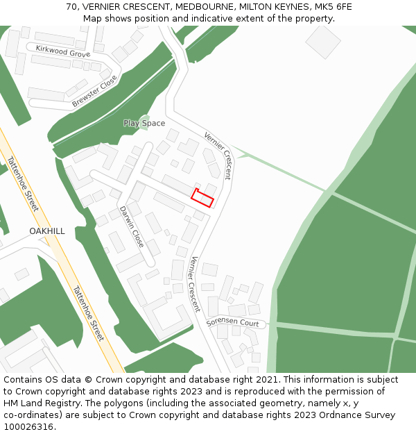 70, VERNIER CRESCENT, MEDBOURNE, MILTON KEYNES, MK5 6FE: Location map and indicative extent of plot