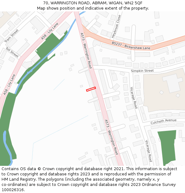 70, WARRINGTON ROAD, ABRAM, WIGAN, WN2 5QF: Location map and indicative extent of plot