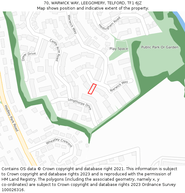 70, WARWICK WAY, LEEGOMERY, TELFORD, TF1 6JZ: Location map and indicative extent of plot