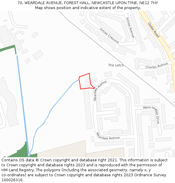 70, WEARDALE AVENUE, FOREST HALL, NEWCASTLE UPON TYNE, NE12 7HY: Location map and indicative extent of plot