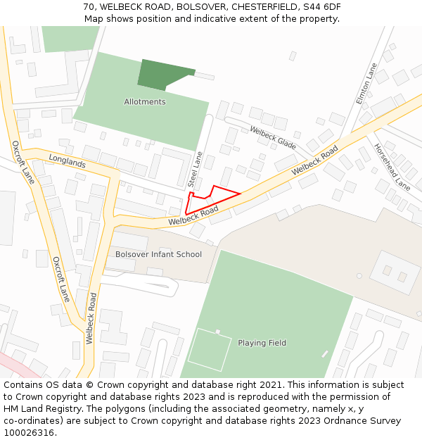 70, WELBECK ROAD, BOLSOVER, CHESTERFIELD, S44 6DF: Location map and indicative extent of plot