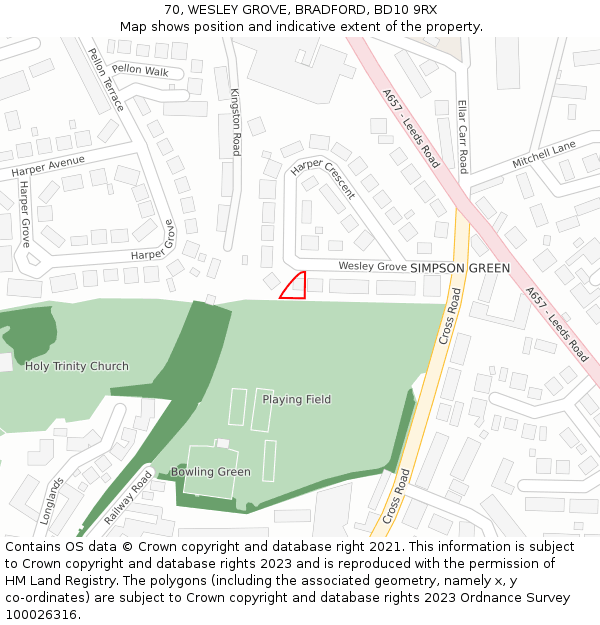 70, WESLEY GROVE, BRADFORD, BD10 9RX: Location map and indicative extent of plot