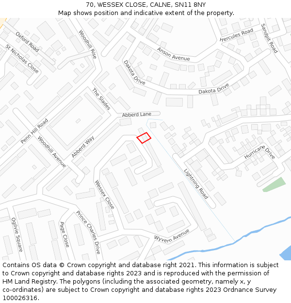 70, WESSEX CLOSE, CALNE, SN11 8NY: Location map and indicative extent of plot