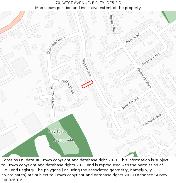 70, WEST AVENUE, RIPLEY, DE5 3JD: Location map and indicative extent of plot