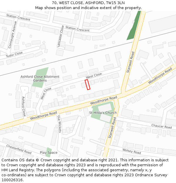 70, WEST CLOSE, ASHFORD, TW15 3LN: Location map and indicative extent of plot